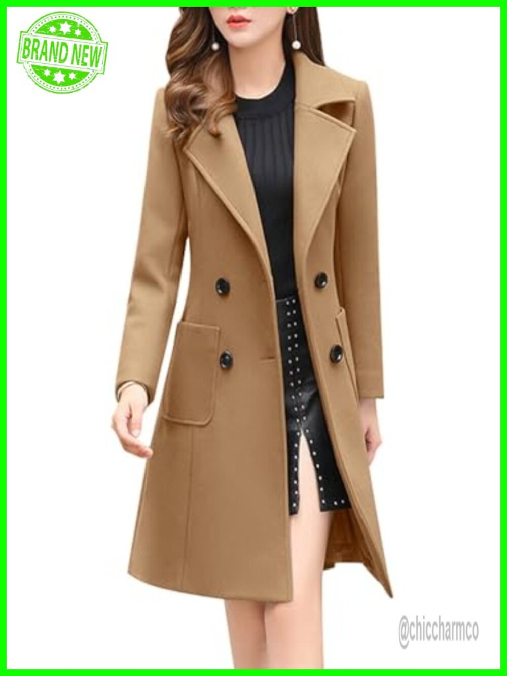 Wool Blend Notch Collar Double Breasted Midi Pea Coat Overcoat